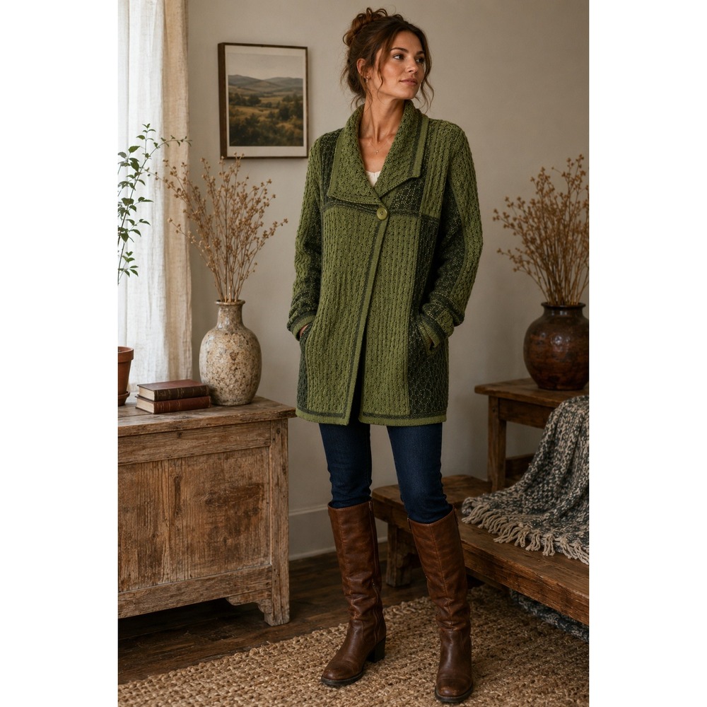 Aran Crafts 100%‎ Merino Wool Patchwork Cardigan Jacket Green XL Ireland